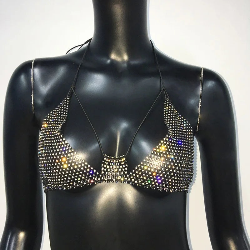 Fishnet Mesh Bikini Top - Backless Deep V-Neck Crop Top