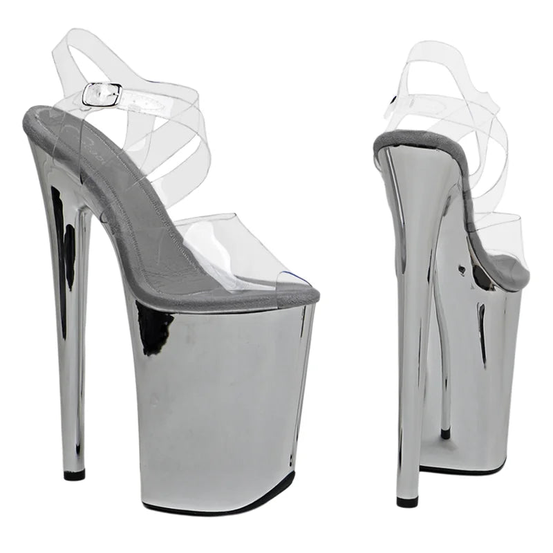 9-Inch Transparent Platform Sandals with Cross Straps - Open Toe Heels