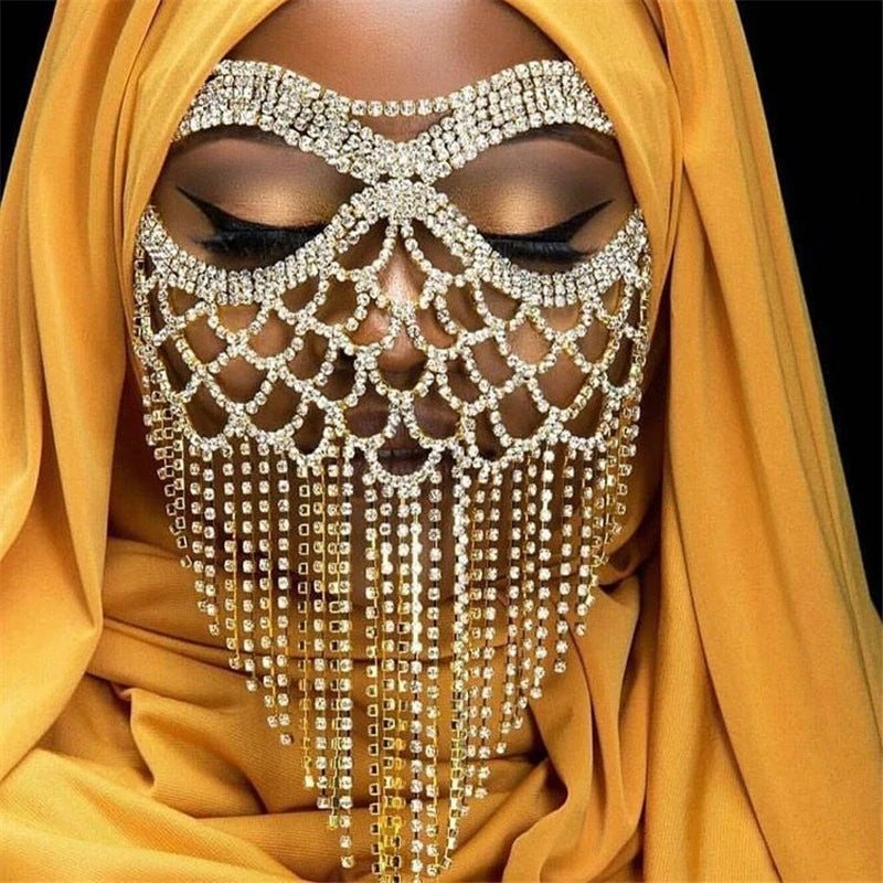 Rhinestone Chain Veil Mask | Crystal Face Jewelry | 15 Styles