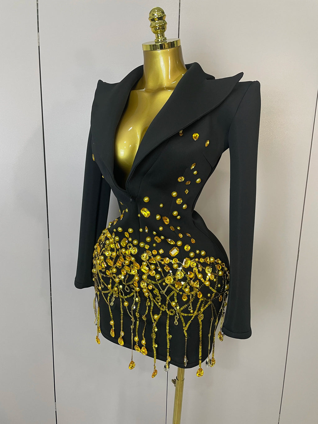 Deep V Blazer Mini Dress | Crystal Fringe Hem | Long Sleeve
