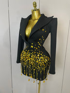 Deep V Blazer Mini Dress | Crystal Fringe Hem | Long Sleeve