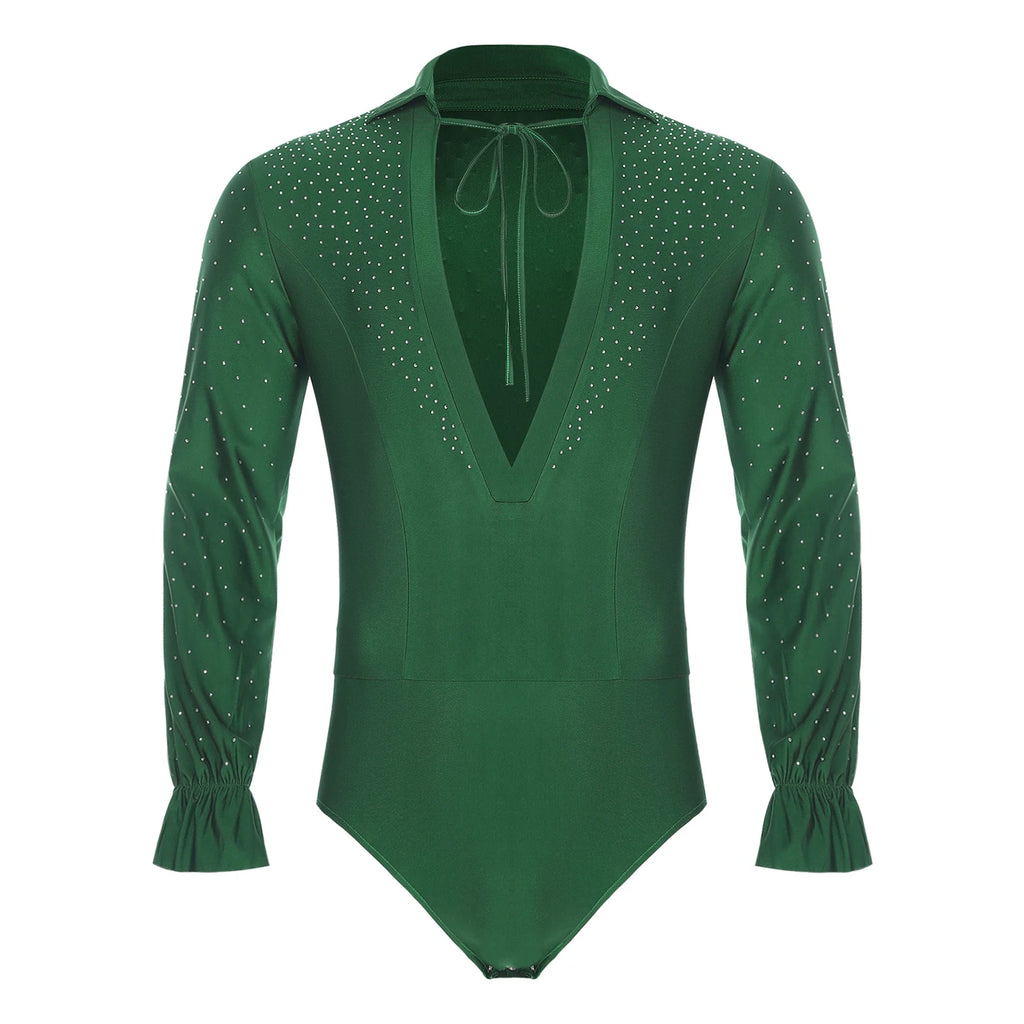 Men's Rhinestone Deep V-Neck Dance Bodysuit | Long Sleeve & Snap Crotch | Latin & Jazz