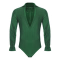Men's Rhinestone Deep V-Neck Dance Bodysuit | Long Sleeve & Snap Crotch | Latin & Jazz