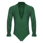 Men's Rhinestone Deep V-Neck Dance Bodysuit | Long Sleeve & Snap Crotch | Latin & Jazz