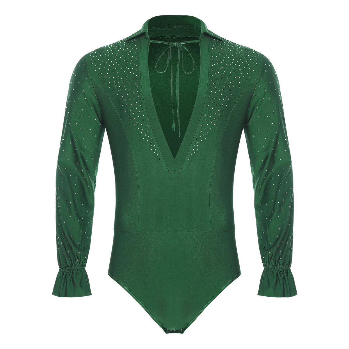 Men's Rhinestone Deep V-Neck Dance Bodysuit | Long Sleeve & Snap Crotch | Latin & Jazz