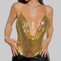 Metal Sequin Chain Sling Crop Top - Rhinestone Backless Tank