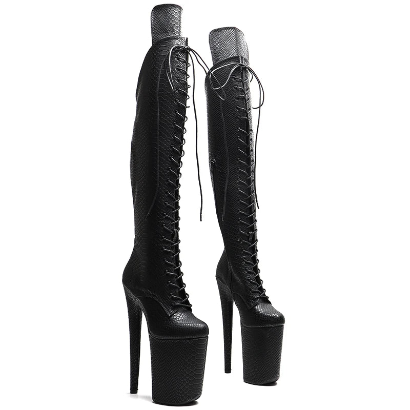 23CM Snakeskin Platform Pole Dance Knee-High Boots - 9 Inch High Heel Closed Toe Boots