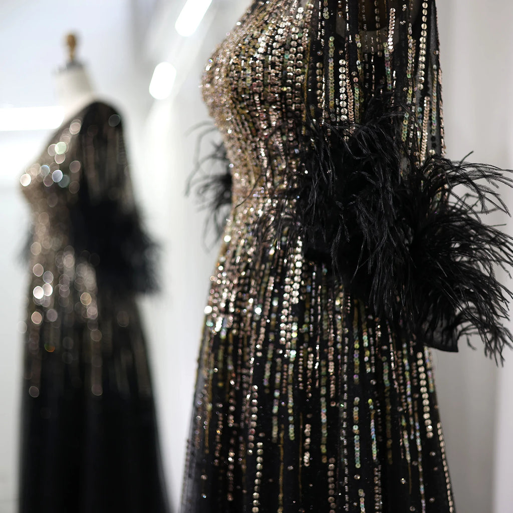 Sequin Feather Cuff Gown | Crystal Beaded | Black & Fuchsia