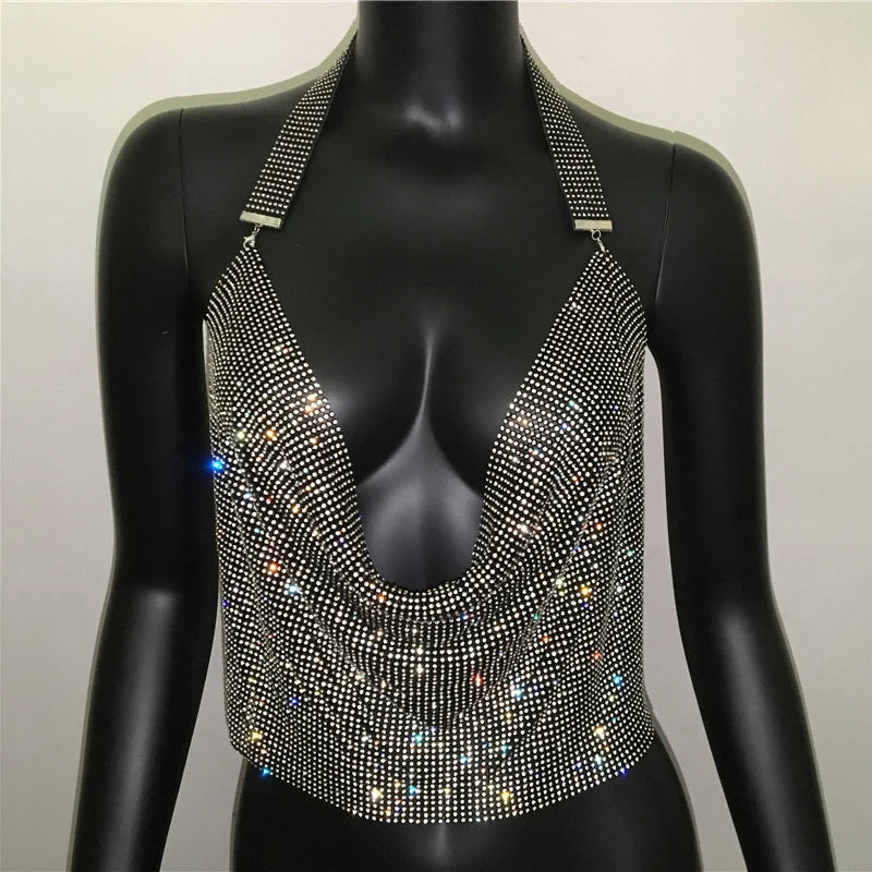 Rhinestone Sequin Deep V Halter Crop Top - Backless Diamond Tank
