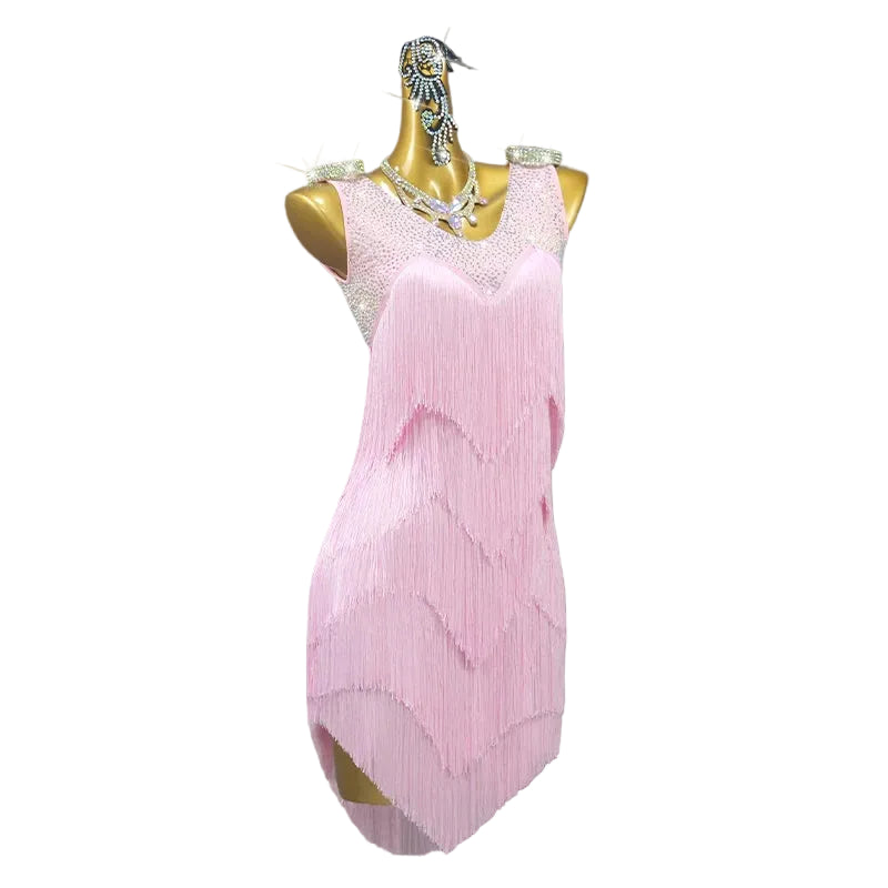 Pink Rhinestone Latin Dance Dress with Tassel Details