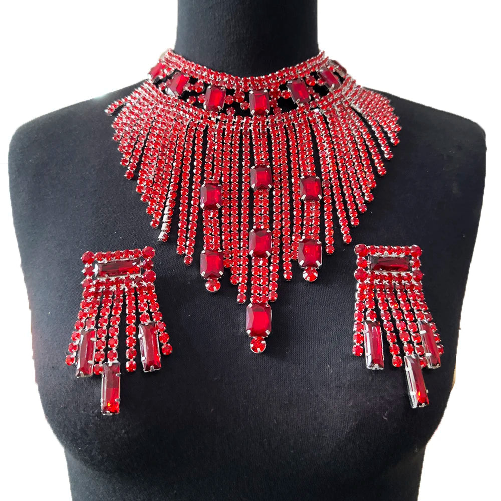 Rhinestone Tassel Necklace & Earring Set | 3-Piece