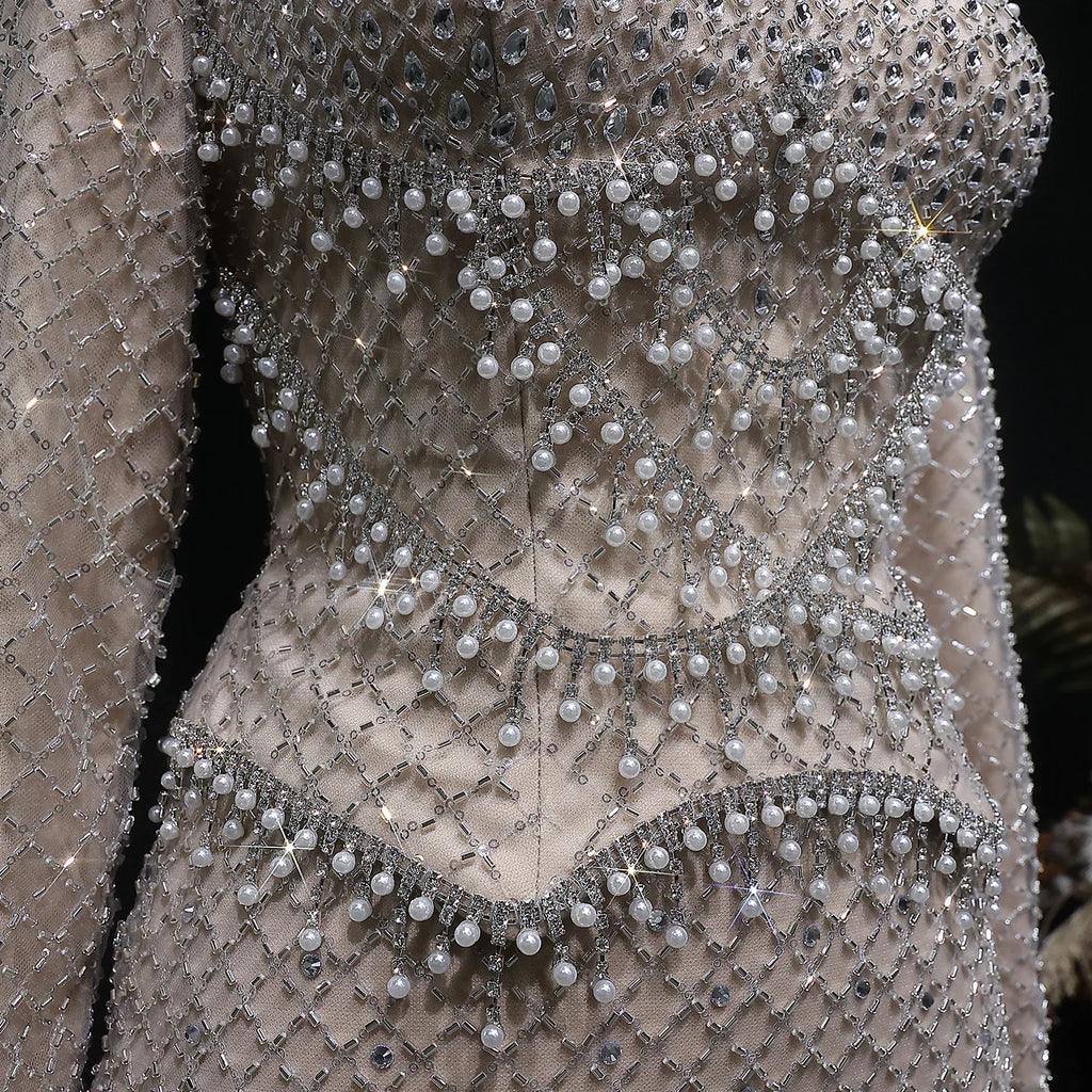 Crystal Beaded Mermaid Gown | Long Sleeve | Square Neck