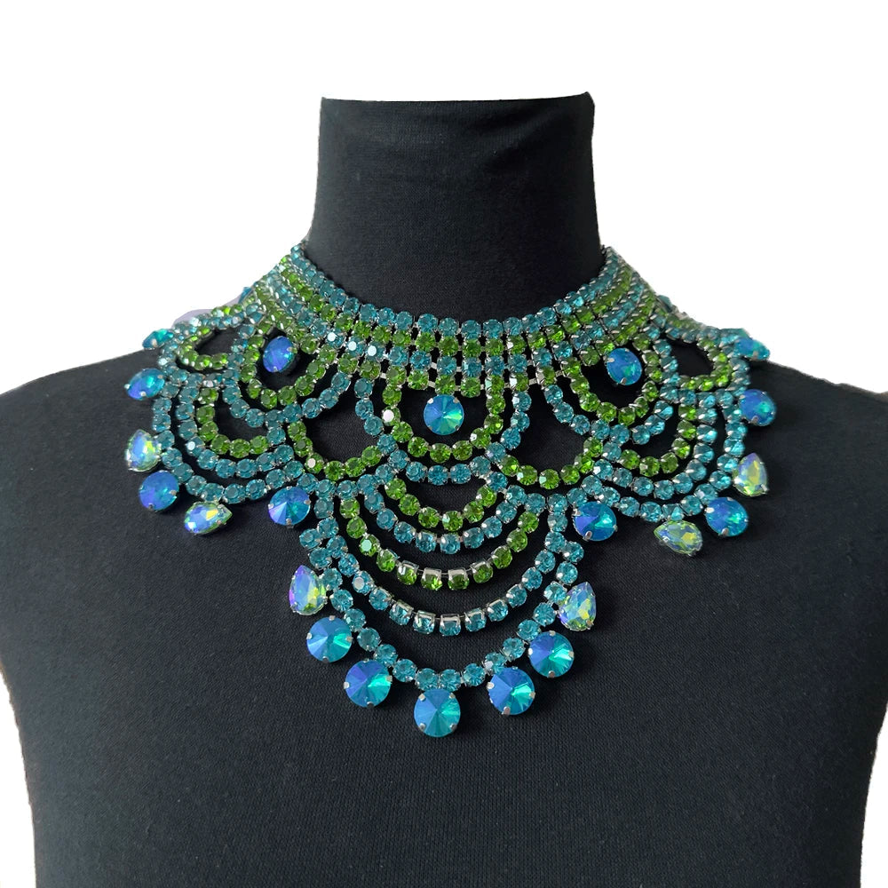 Aqua Rhinestone Bib Choker | Oversized Statement Necklace