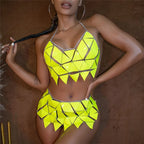 PU Leather Geometry 2-Piece Set - Backless Top & Mini Skirt Rave Outfit