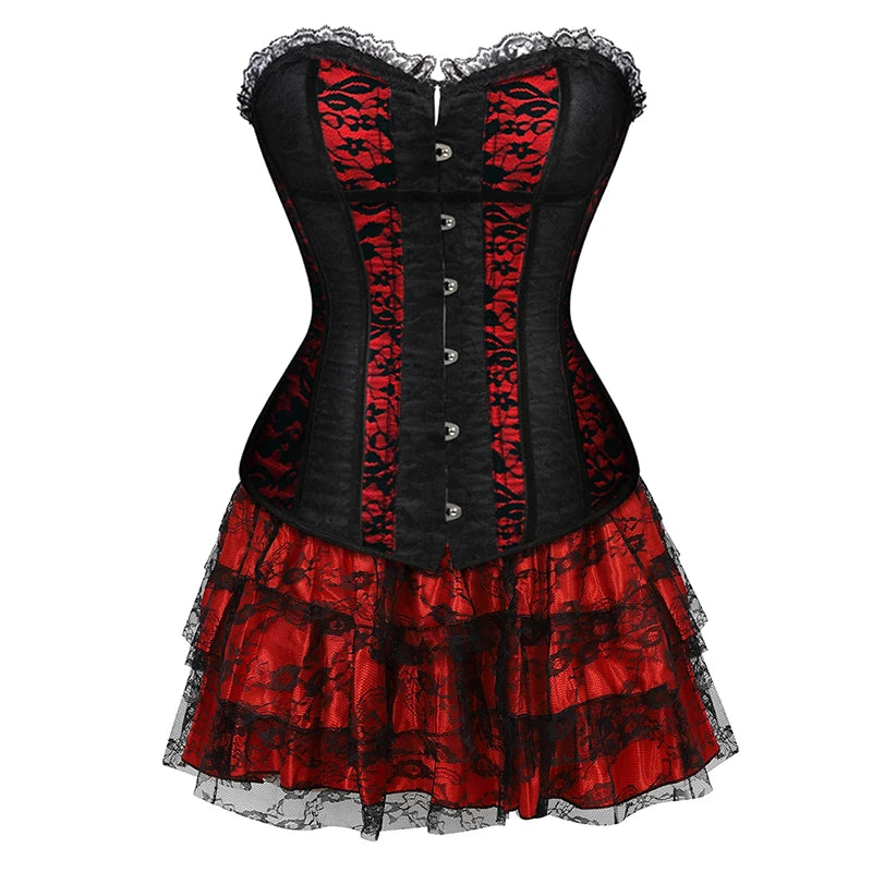 Gothic Floral Corset Dress Set | Red & Black | Lace Skirt | Plus Size