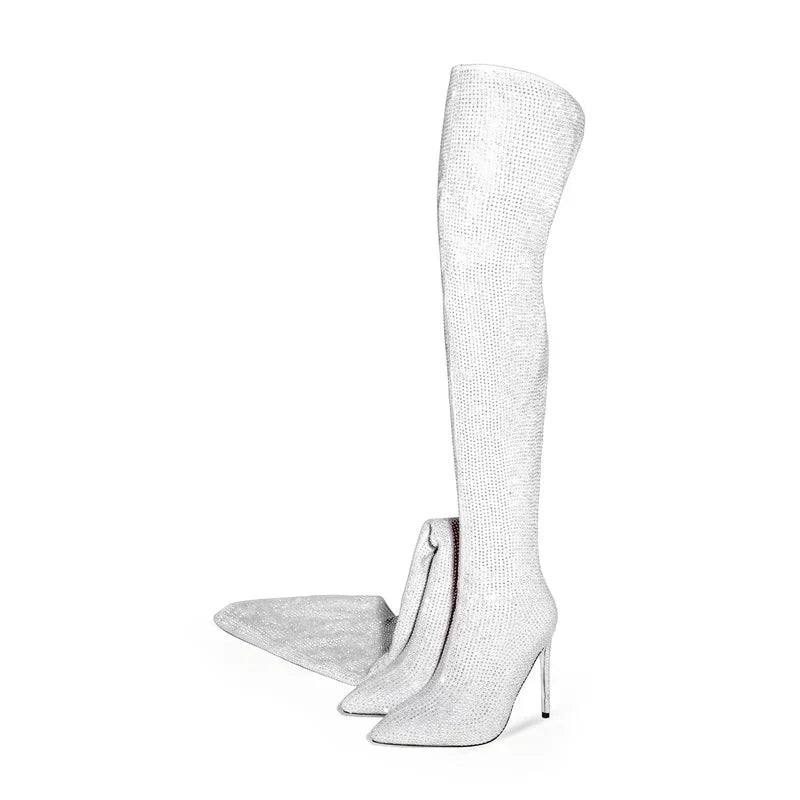 Rhinestone Over-the-Knee Stiletto Boots | Pointed Toe 12cm | 5 Colors