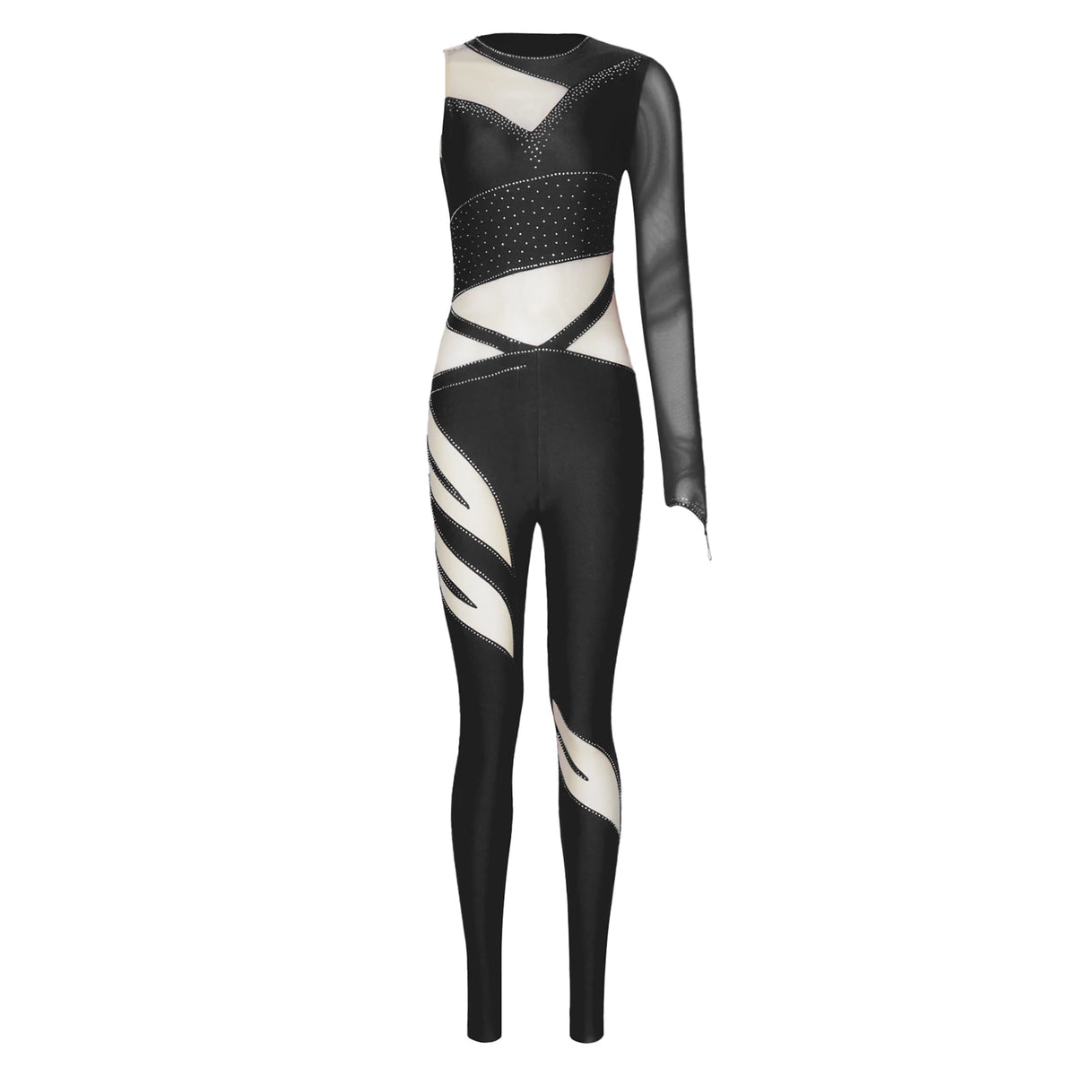 Women's Rhinestone Gymnastics Unitard | Mesh Patchwork & Asymmetric Shoulder | Performance Jumpsuit