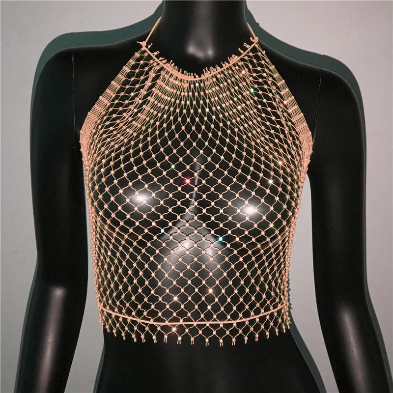 Bling Rhinestone Fishnet Crop Top - Adjustable Bandage Sheer Tank