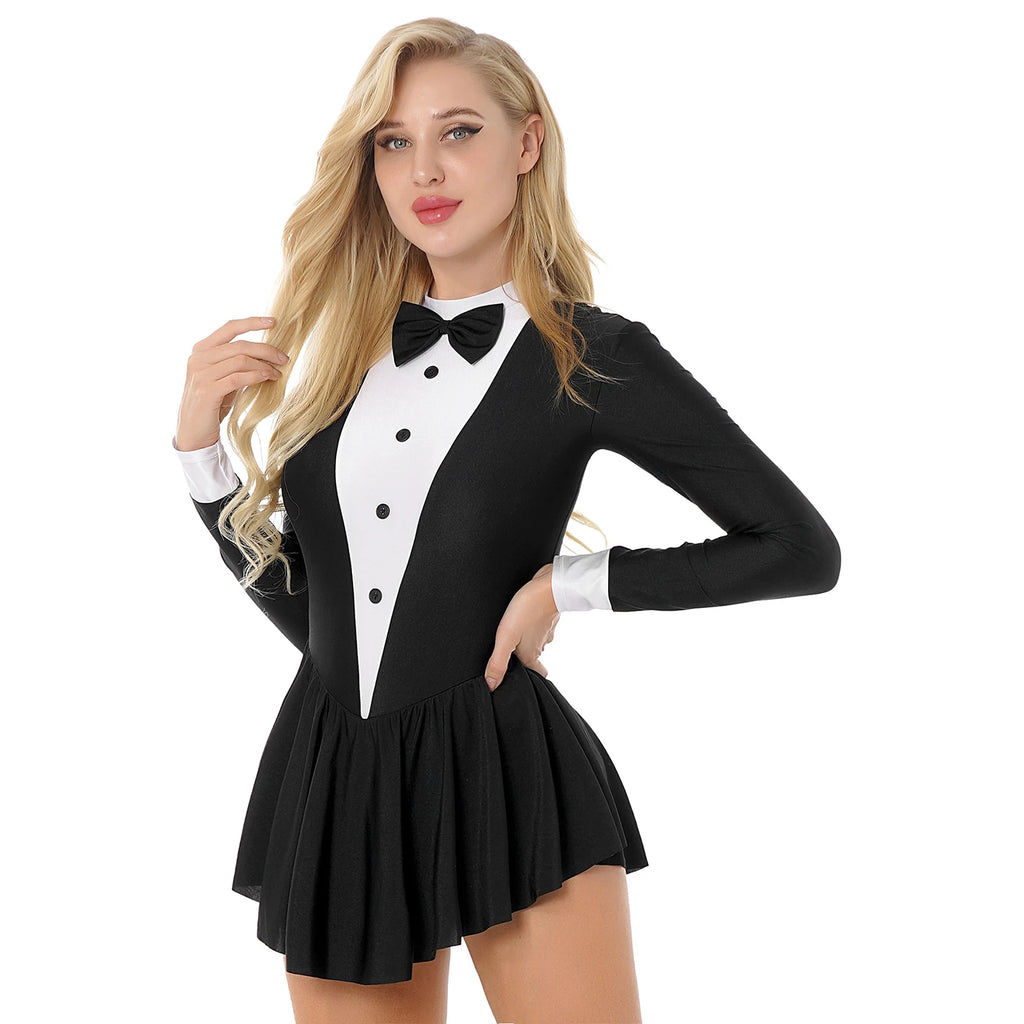 Midnight Tuxedo Ruffle Leotard Dress