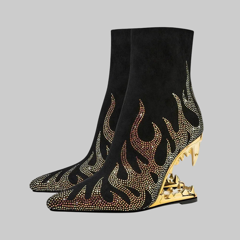 Flame Rhinestone Velvet Ankle Boots - Crystal Wedge Heel Boots