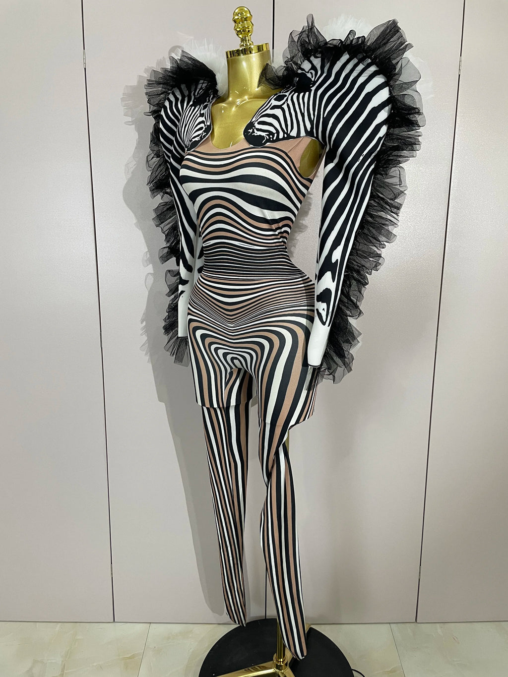 Zebra Stripe Stage Jumpsuit | Feather Trim | S–XL