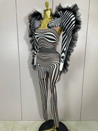 Zebra Stripe Stage Jumpsuit | Feather Trim | S–XL