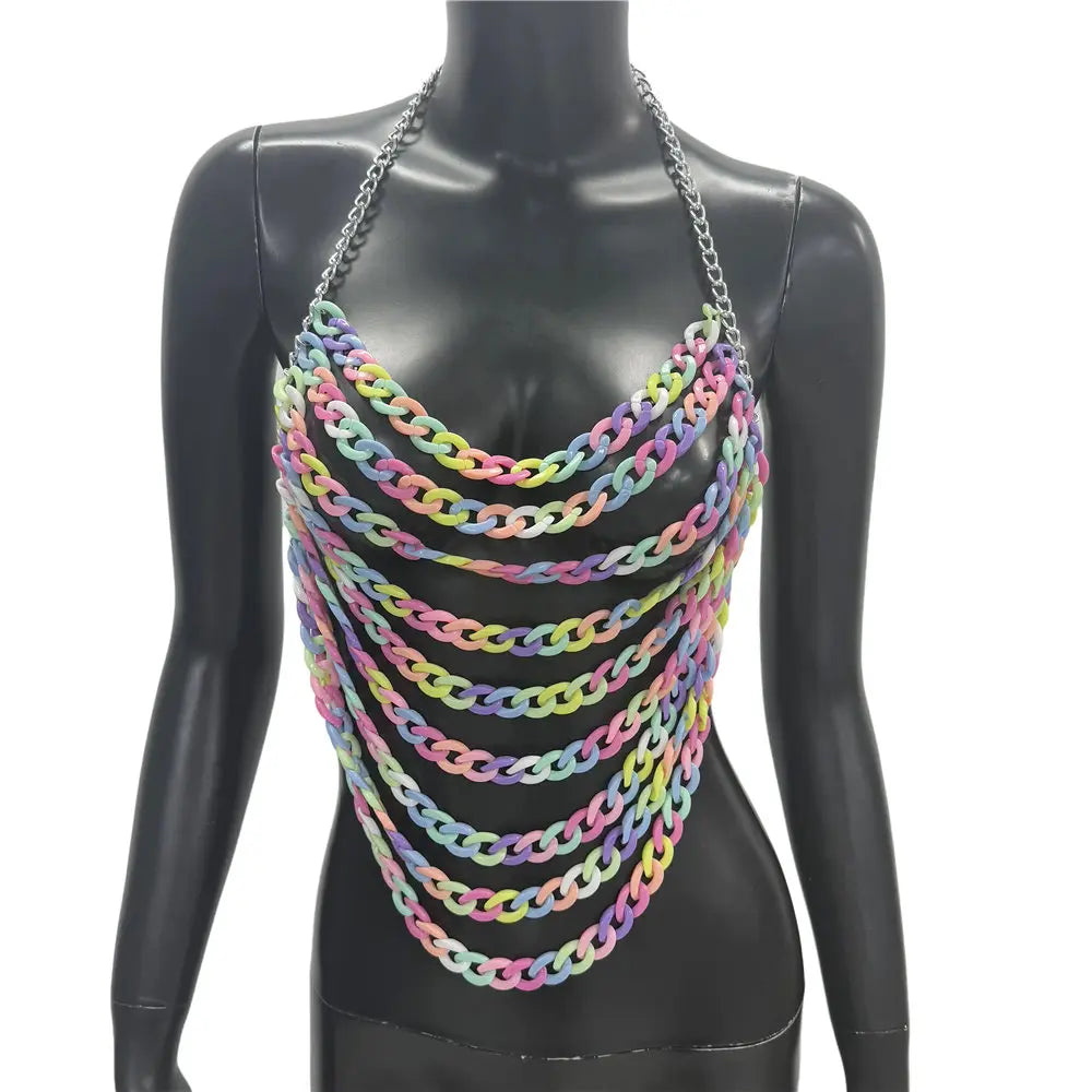 Colorful Acrylic Chain Halter Crop Top - Tassel Backless Tank