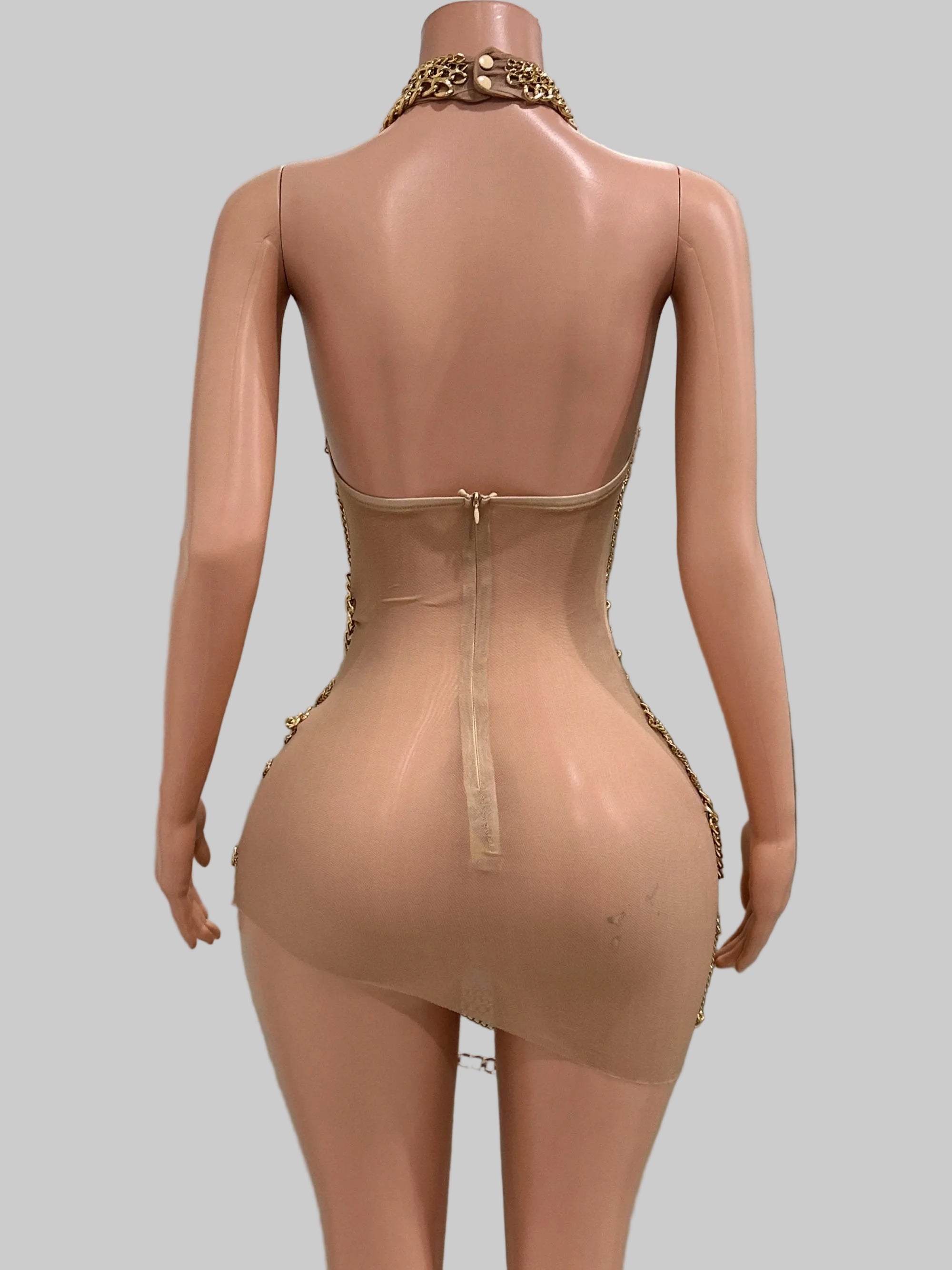 Gold Chain Sheer Mini Dress - Luxury See-Through Bodycon for Singers & Performers