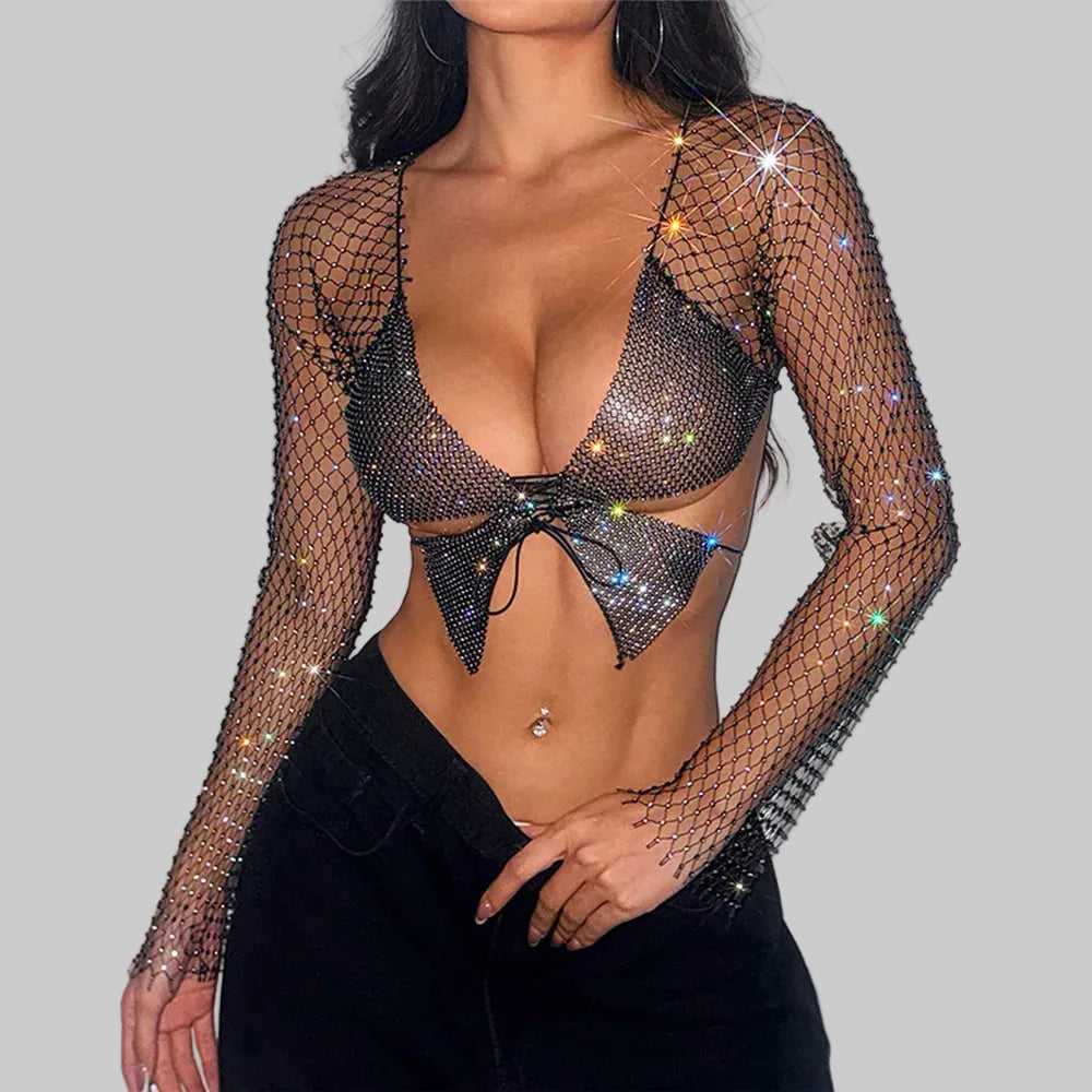 Rhinestone Mesh Long Sleeve Crop Top - Backless Sheer Cover-Up