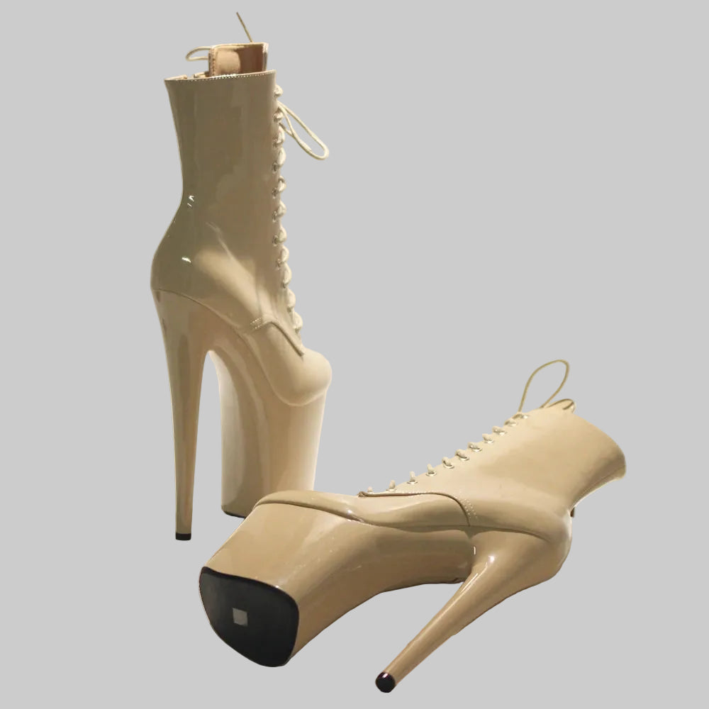 "Sky-High Stiletto" Extreme Patent Platform Lace-Up Ankle Boots - 20cm Heel, Nude/Beige