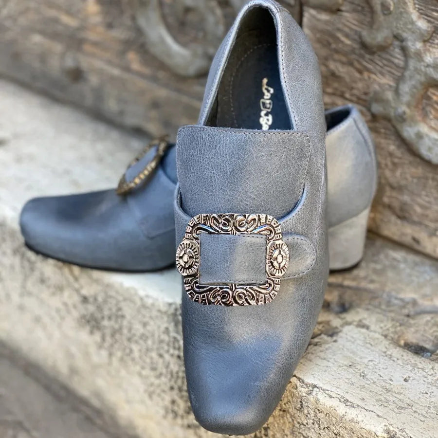 Victorian Buckle Court Shoe | Block Heel | Black, Beige, Grey & Blue