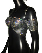 Glitter Rhinestone Halter Crop Top - Sheer Backless Tank