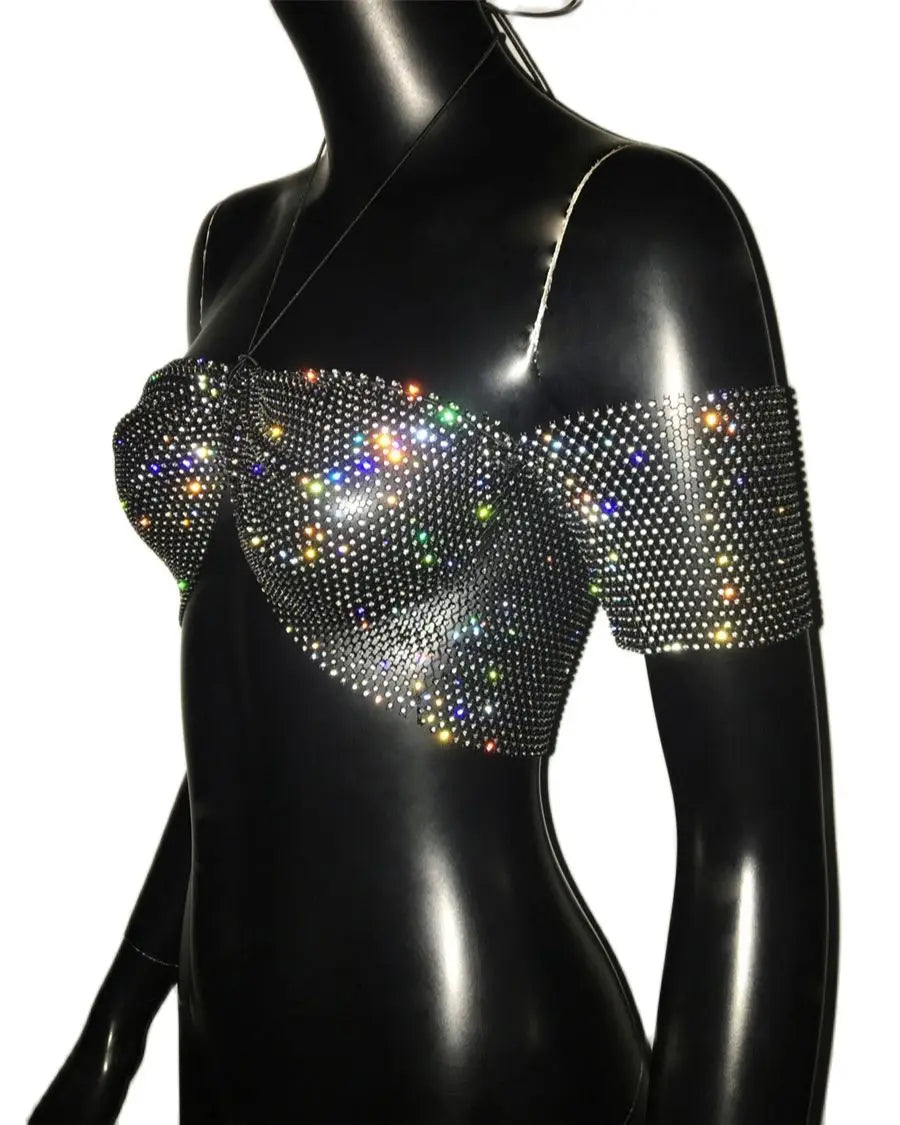 Glitter Rhinestone Halter Crop Top - Sheer Backless Tank