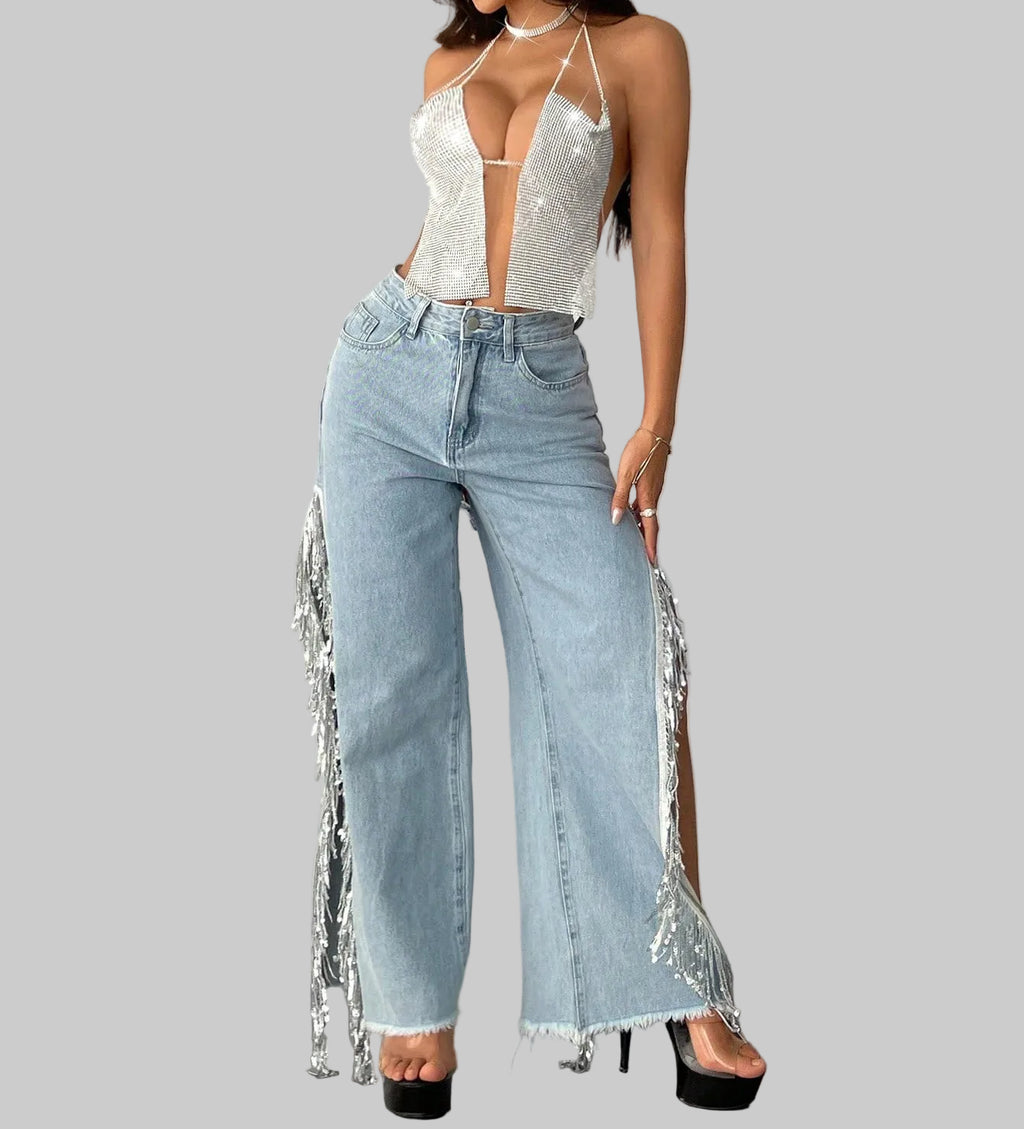 Metal Chain Rhinestone Halter Crop Top - Backless Deep V Tank