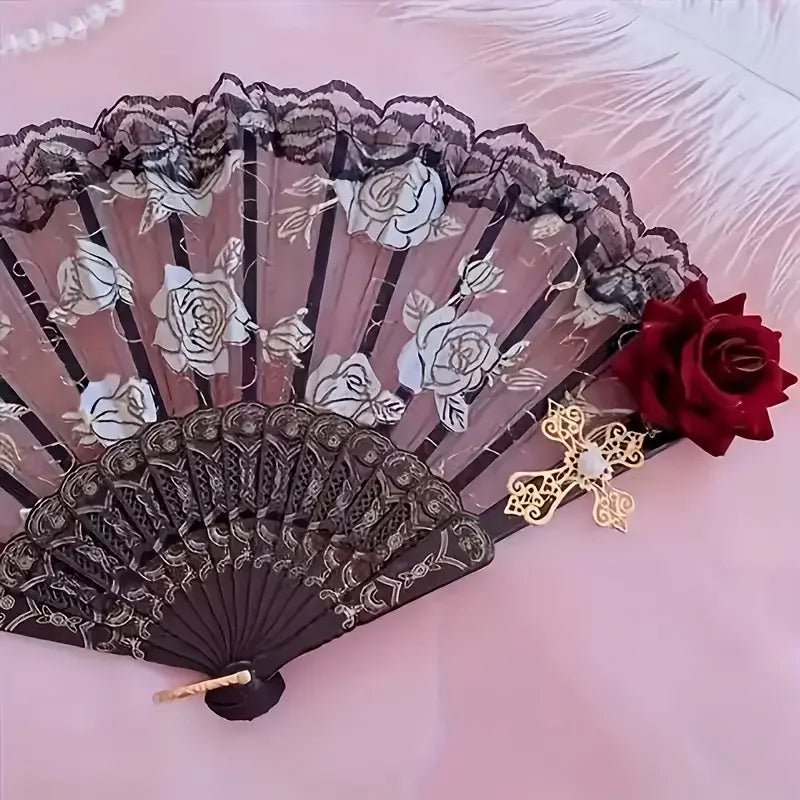 Lace Hand Fan | Black Rose Detail