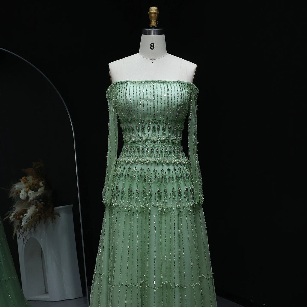 Crystal Pearl Gown | Off-Shoulder Long Sleeve | Green & Lilac