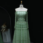 Crystal Pearl Gown | Off-Shoulder Long Sleeve | Green & Lilac