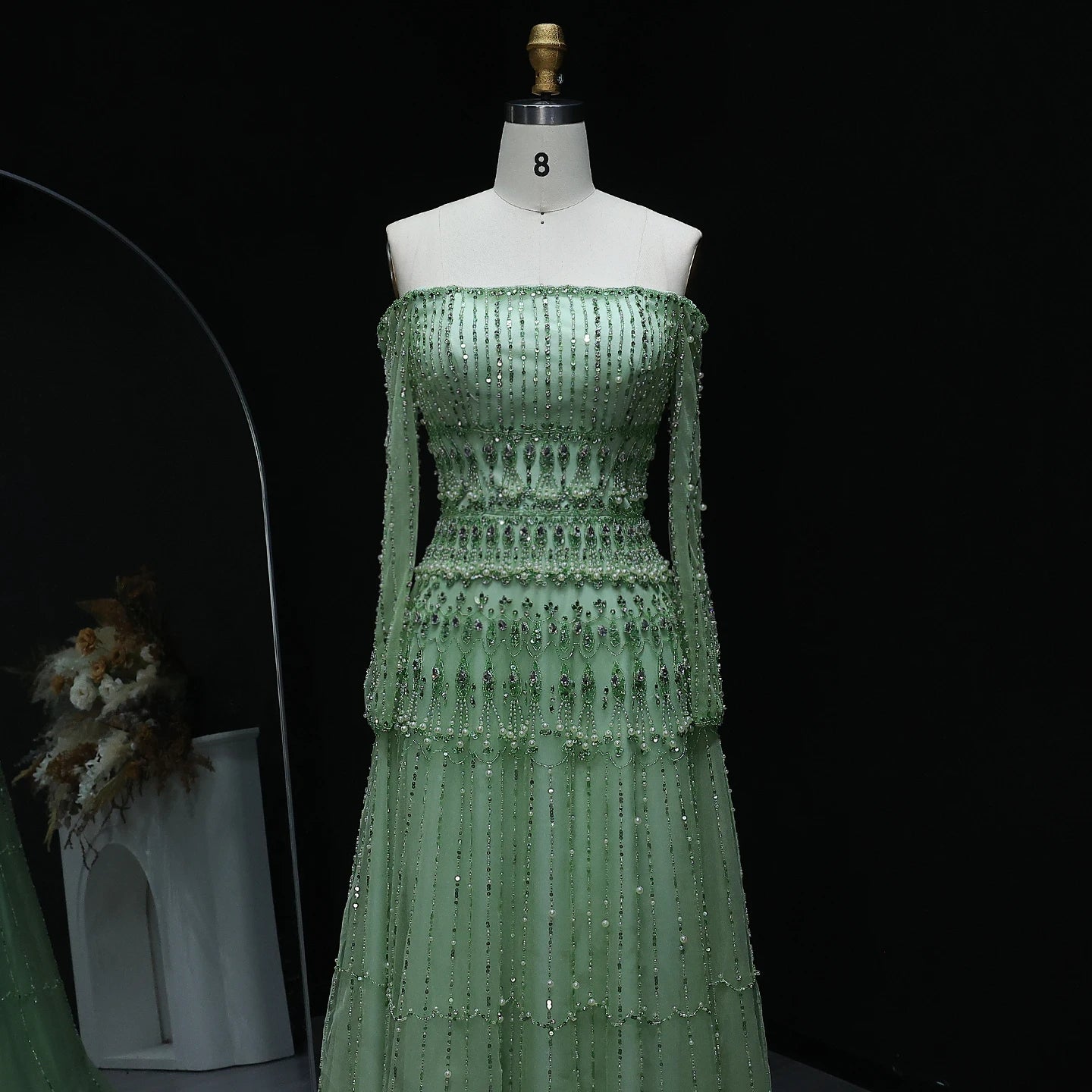 Crystal Pearl Gown | Off-Shoulder Long Sleeve | Green & Lilac