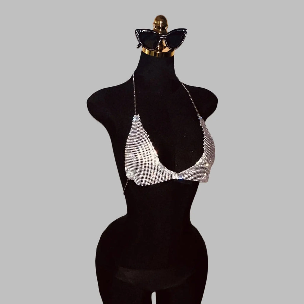 Rhinestone Metal Chain Deep V-Neck Halter Crop Top