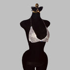 Rhinestone Metal Chain Deep V-Neck Halter Crop Top