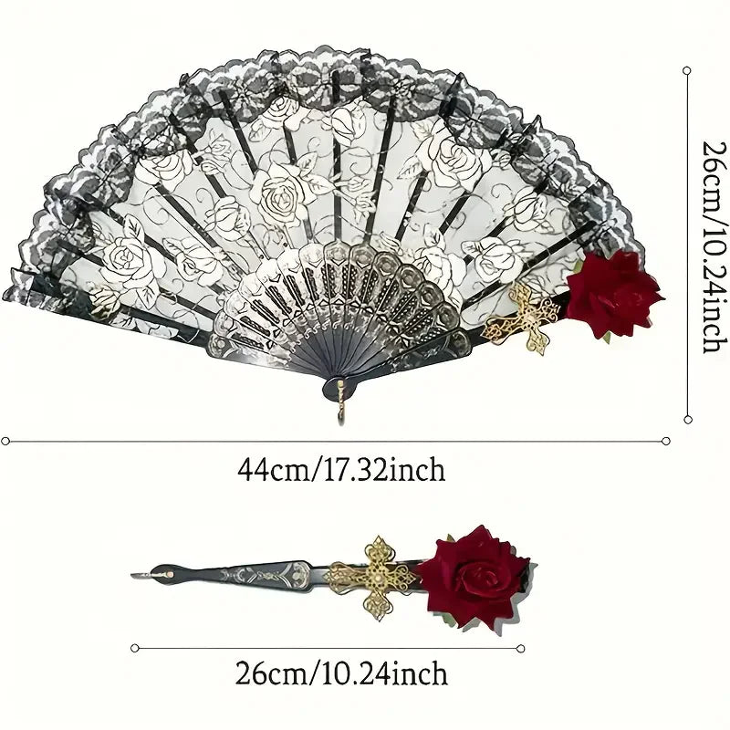 Lace Hand Fan | Black Rose Detail
