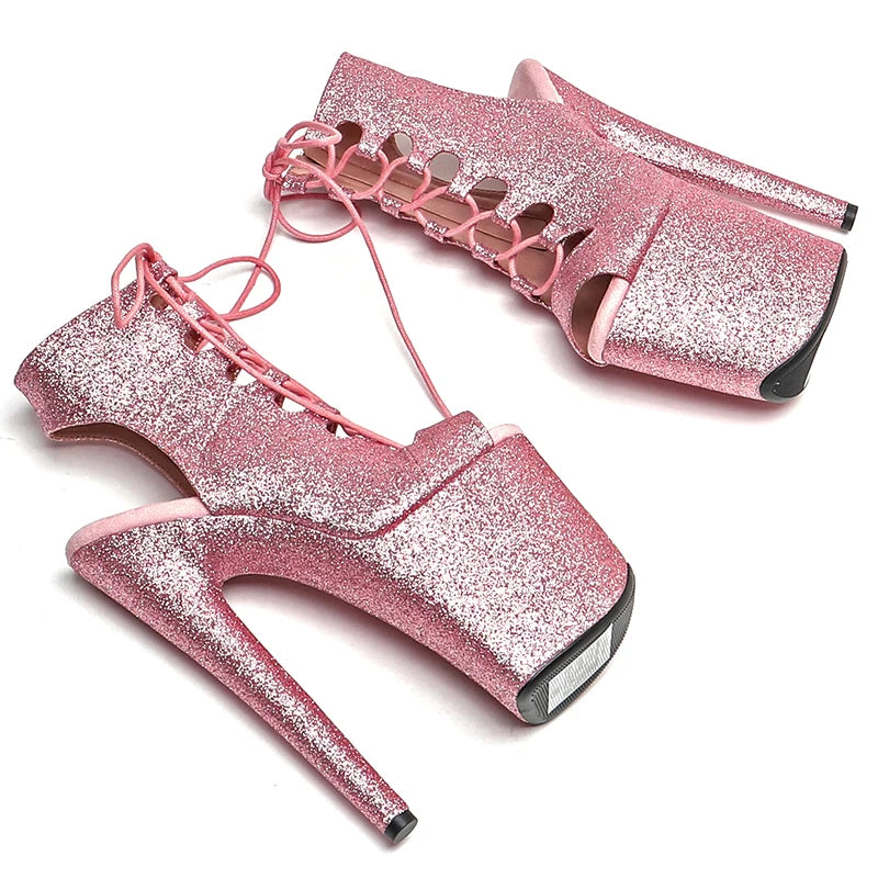 20CM Glitter Platform Pole Dance Ankle Boots - Open Toe High Heel Performance Boots