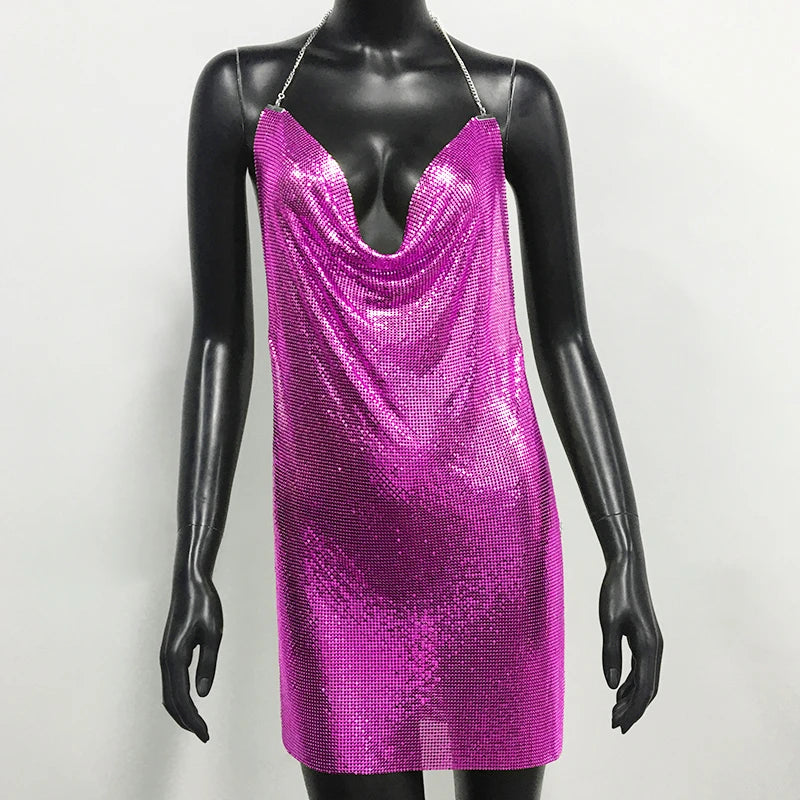 Metal Sequin Halter Mini Dress - Bodycon Party Dress