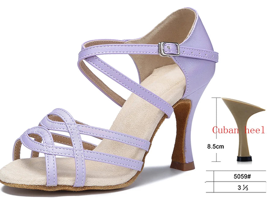 Cross-Strap Latin Dance Sandals | Cuban Heel | 6–10cm | Purple & Yellow