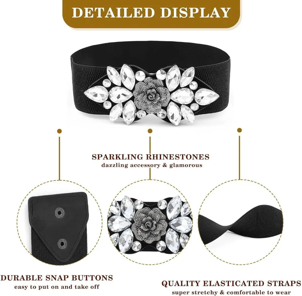 Rhinestone Flower Wide Elastic Belt | Stage & Dressy
