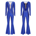 Rhinestone Bell Bottom Jumpsuit | Mesh Overlay | Long Sleeve