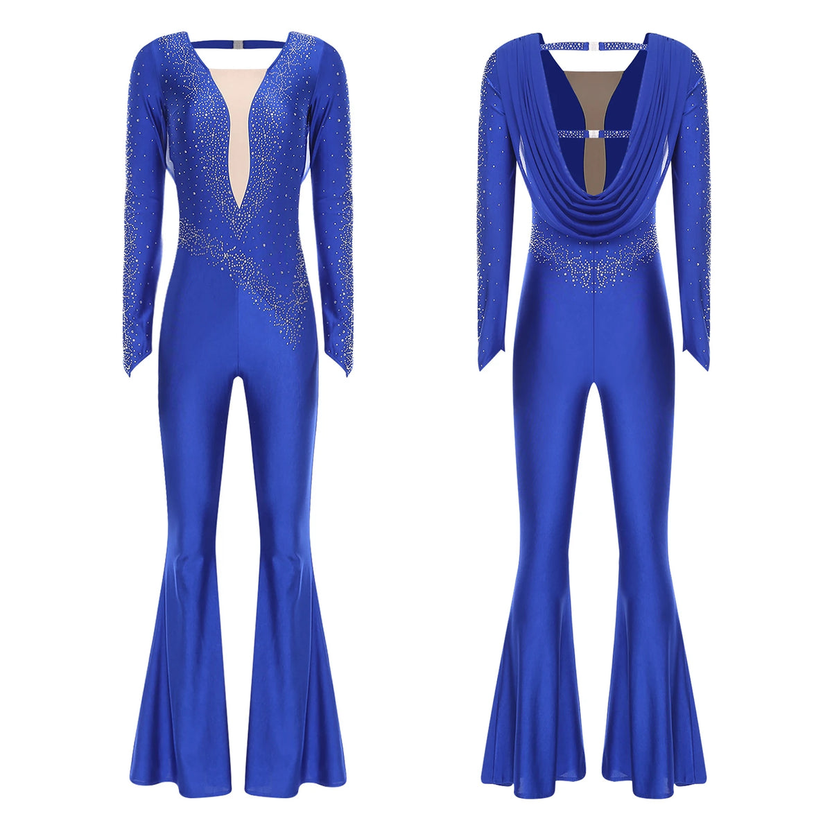 Rhinestone Bell Bottom Jumpsuit | Mesh Overlay | Long Sleeve