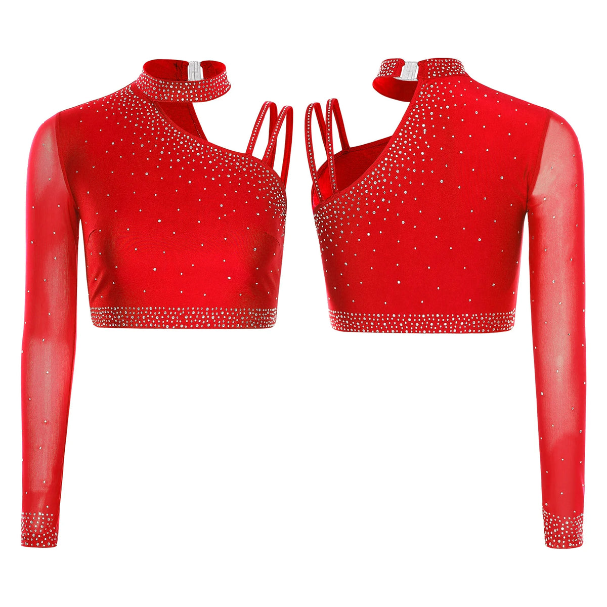 Rhinestone Asymmetric Dance Crop Top | One Mesh Sleeve | Latin Salsa Samba