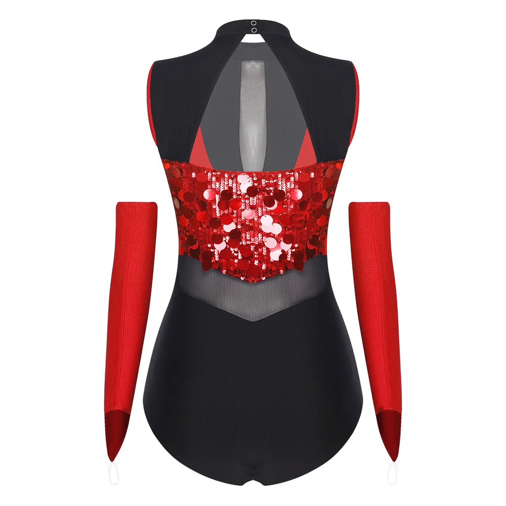Women's Sequin Dance Leotard | Mock Neck & Sheer Mesh Waist | Includes Arm Sleeves