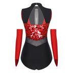 Women's Sequin Dance Leotard | Mock Neck & Sheer Mesh Waist | Includes Arm Sleeves